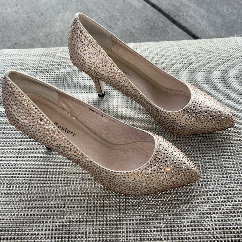 Embellished Nude Crystal Pointed-Toe Heels